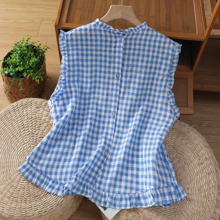 Buddha Stones Letnia, bezrękawa koszulka damska w kratę z falbanką i okrągłym dekoltem zapinana na guziki z tyłu - image 3