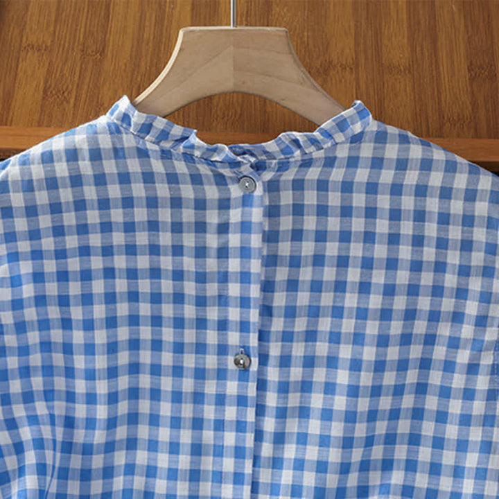 Buddha Stones Letnia, bezrękawa koszulka damska w kratę z falbanką i okrągłym dekoltem zapinana na guziki z tyłu - image 5