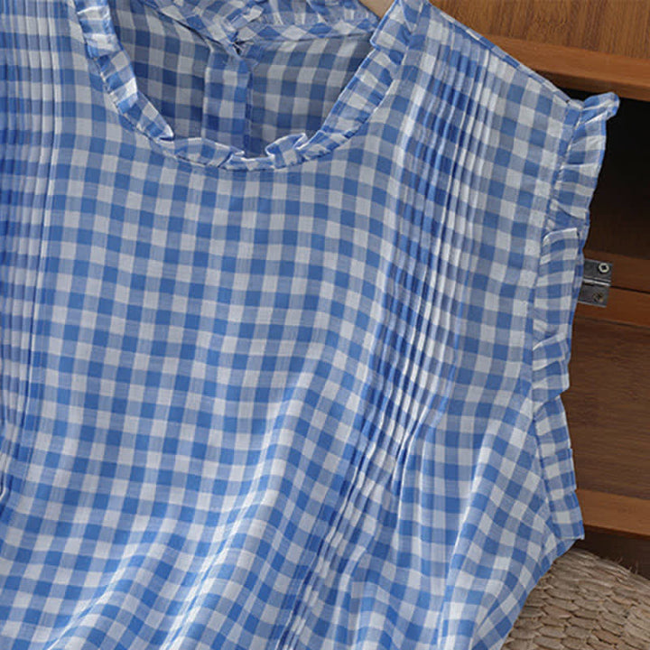 Buddha Stones Letnia, bezrękawa koszulka damska w kratę z falbanką i okrągłym dekoltem zapinana na guziki z tyłu - image 7