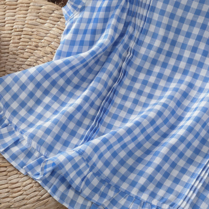 Buddha Stones Letnia, bezrękawa koszulka damska w kratę z falbanką i okrągłym dekoltem zapinana na guziki z tyłu - image 9