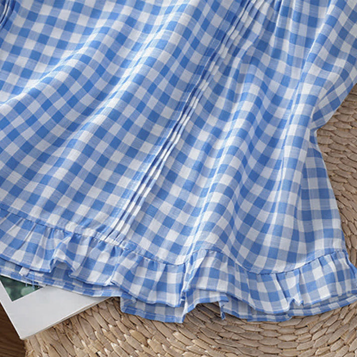 Buddha Stones Letnia, bezrękawa koszulka damska w kratę z falbanką i okrągłym dekoltem zapinana na guziki z tyłu - image 10