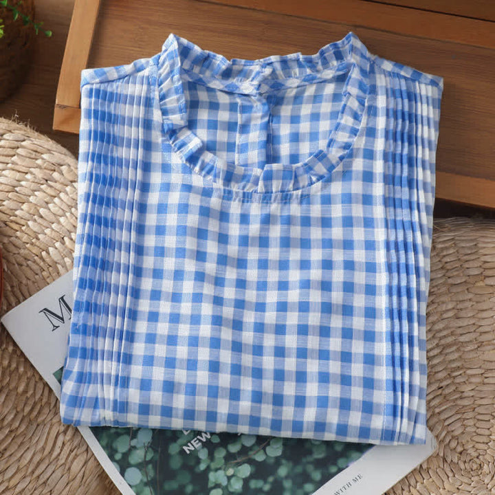 Buddha Stones Letnia, bezrękawa koszulka damska w kratę z falbanką i okrągłym dekoltem zapinana na guziki z tyłu - image 11