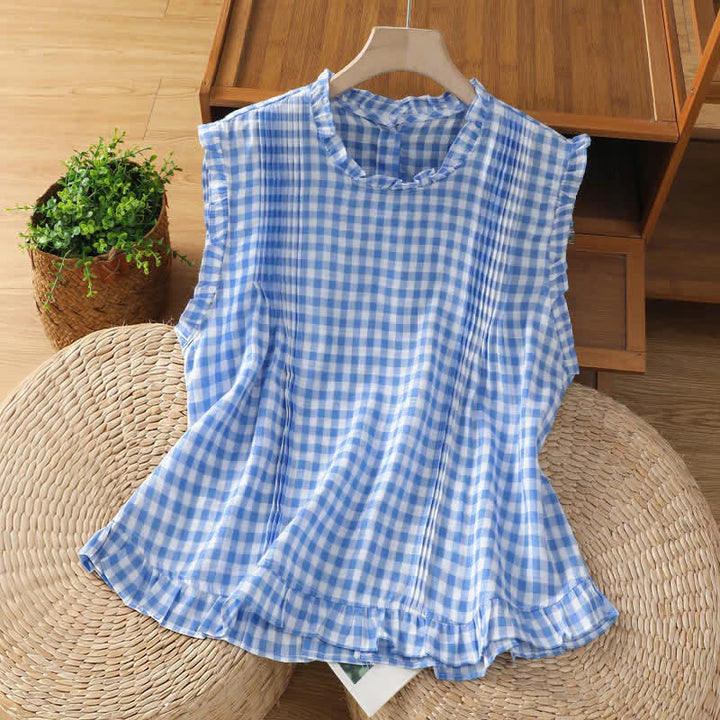 Buddha Stones Letnia, bezrękawa koszulka damska w kratę z falbanką i okrągłym dekoltem zapinana na guziki z tyłu - Chaber niebieski - US8-10，UK/AU12-14，EU40-42 (2XL) - image 2