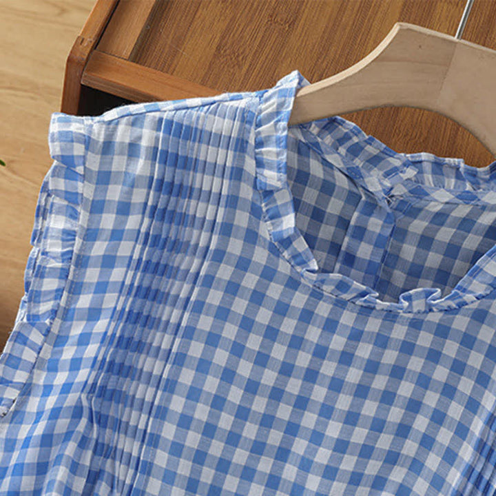 Buddha Stones Letnia, bezrękawa koszulka damska w kratę z falbanką i okrągłym dekoltem zapinana na guziki z tyłu - image 6