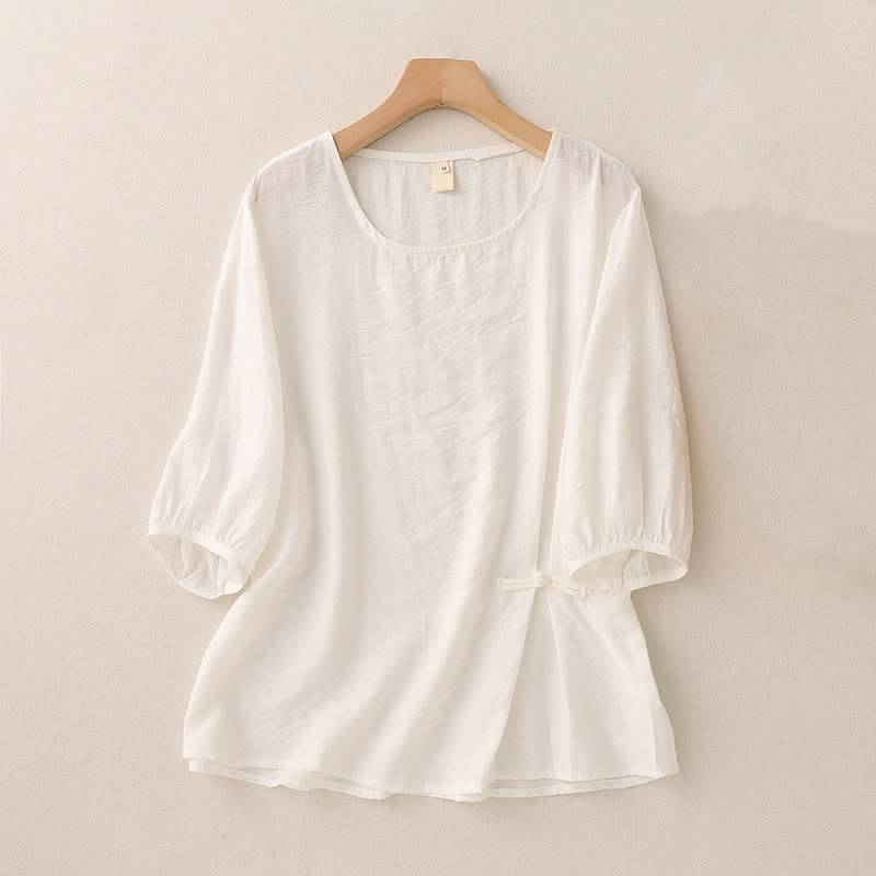 Buddha Stones Jednokolorowa damska koszulka z bufiastymi rękawami i guzikami w kształcie żaby - Biały - US8-10，UK/AU12-14，EU40-42 (2XL) - image 6