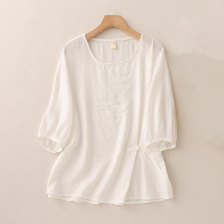 Buddha Stones Jednokolorowa damska koszulka z bufiastymi rękawami i guzikami w kształcie żaby - Biały - US8-10，UK/AU12-14，EU40-42 (2XL) - image 6