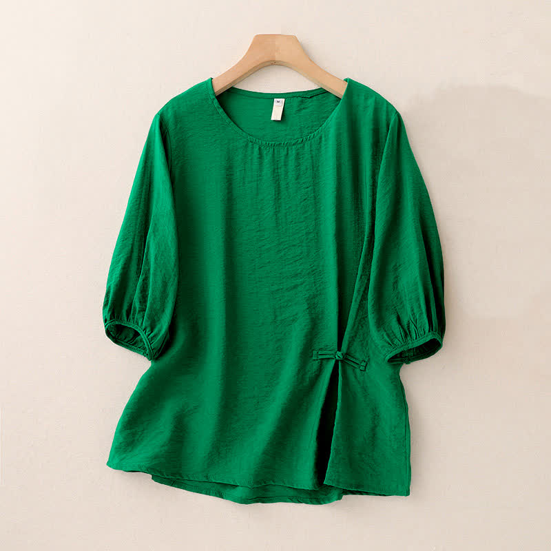 Buddha Stones Jednokolorowa damska koszulka z bufiastymi rękawami i guzikami w kształcie żaby - Zielony - US8-10，UK/AU12-14，EU40-42 (2XL) - image 0