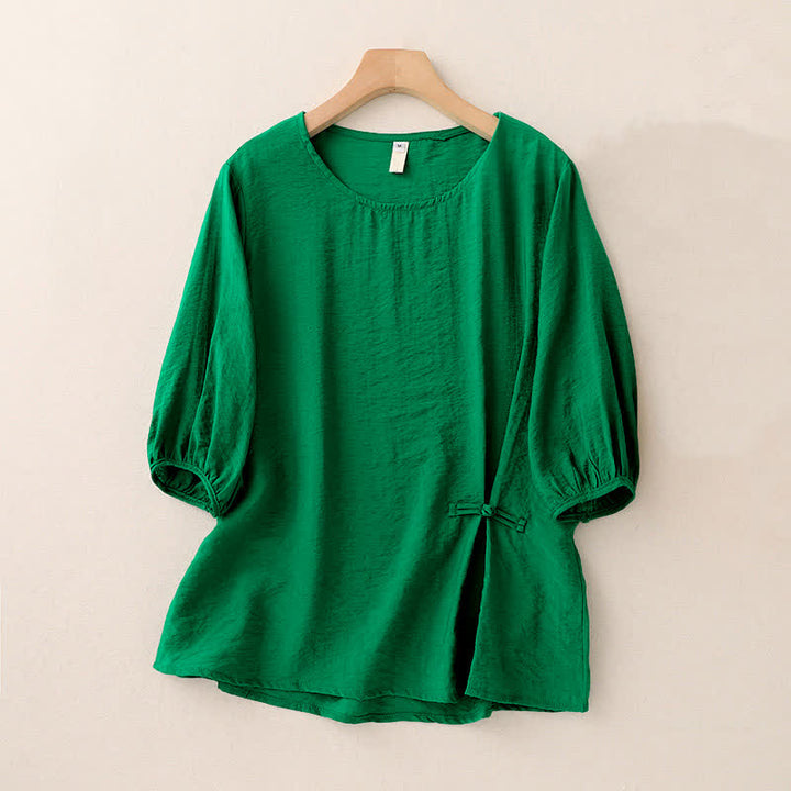 Buddha Stones Jednokolorowa damska koszulka z bufiastymi rękawami i guzikami w kształcie żaby - Zielony - US8-10，UK/AU12-14，EU40-42 (2XL) - image 0