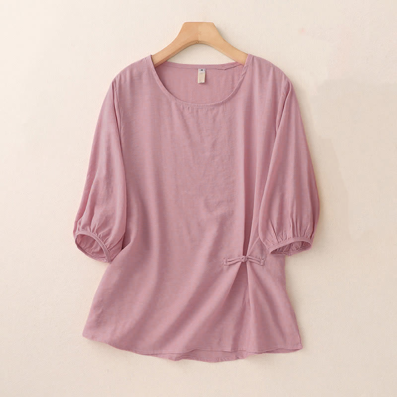 Buddha Stones Jednokolorowa damska koszulka z bufiastymi rękawami i guzikami w kształcie żaby - LightCoral - US8-10，UK/AU12-14，EU40-42 (2XL) - image 1