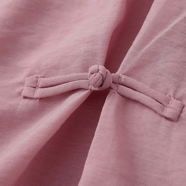 Buddha Stones Jednokolorowa damska koszulka z bufiastymi rękawami i guzikami w kształcie żaby - image 3