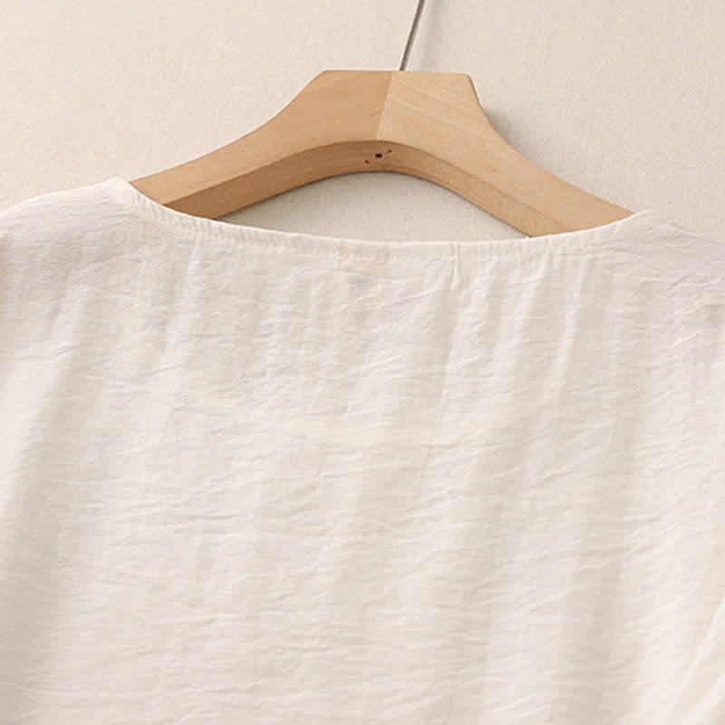 Buddha Stones Jednokolorowa damska koszulka z bufiastymi rękawami i guzikami w kształcie żaby - image 9