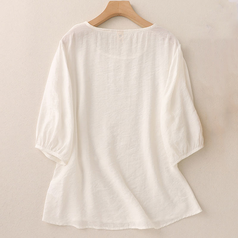 Buddha Stones Jednokolorowa damska koszulka z bufiastymi rękawami i guzikami w kształcie żaby - image 7