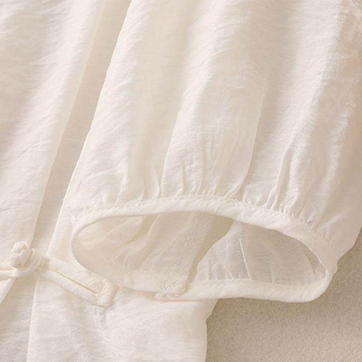 Buddha Stones Jednokolorowa damska koszulka z bufiastymi rękawami i guzikami w kształcie żaby - image 12