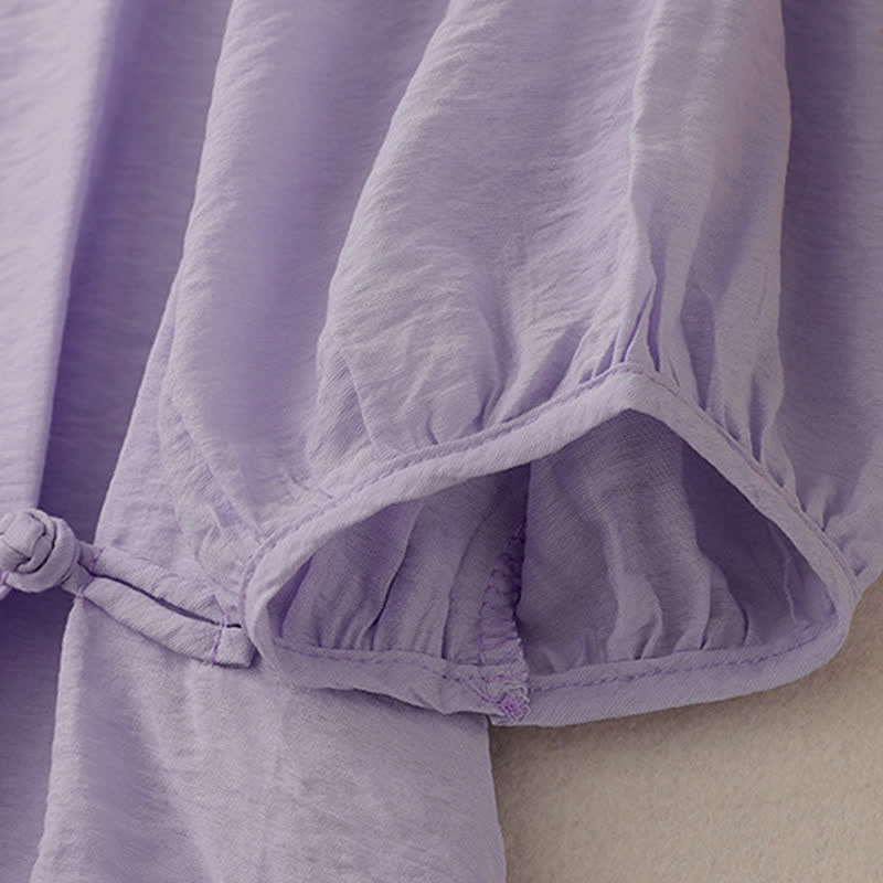 Buddha Stones Jednokolorowa damska koszulka z bufiastymi rękawami i guzikami w kształcie żaby - image 17