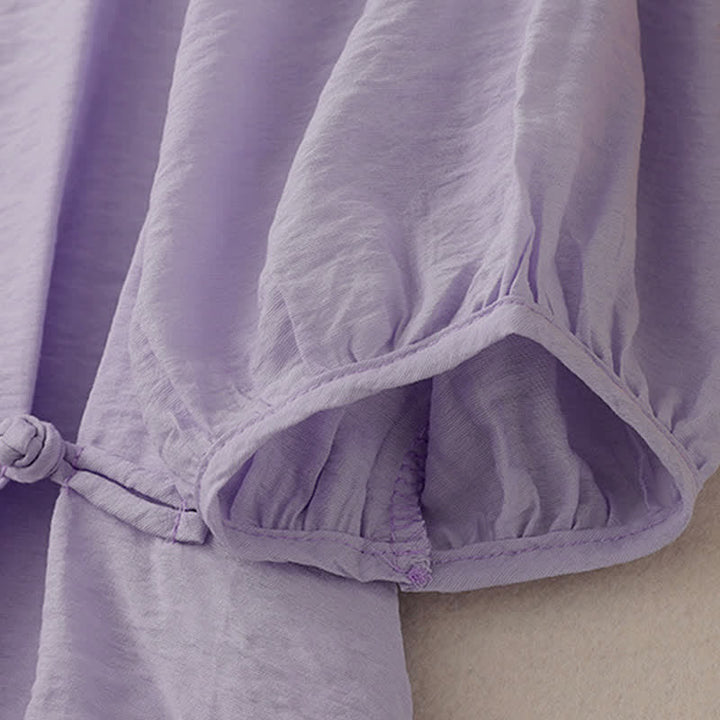 Buddha Stones Jednokolorowa damska koszulka z bufiastymi rękawami i guzikami w kształcie żaby - image 17