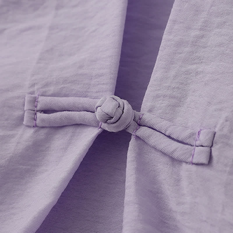 Buddha Stones Jednokolorowa damska koszulka z bufiastymi rękawami i guzikami w kształcie żaby - image 16