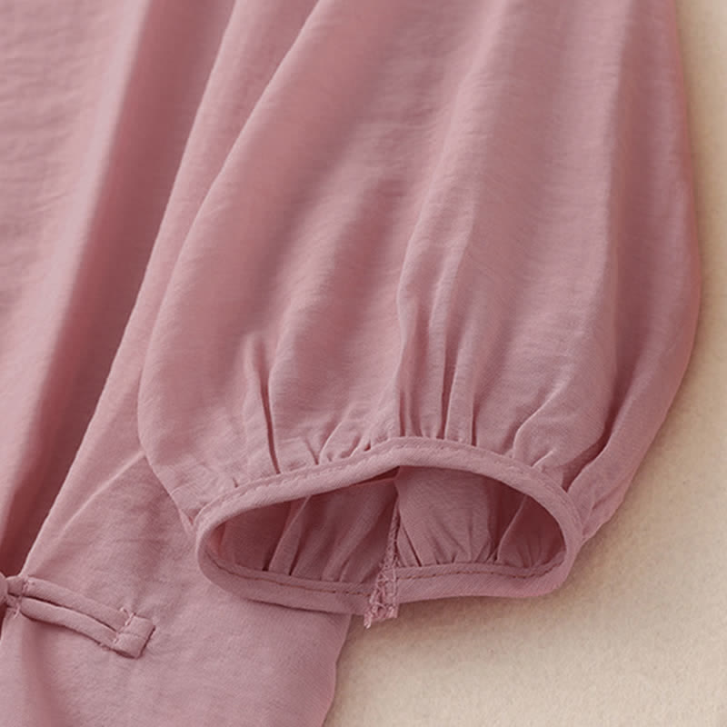 Buddha Stones Jednokolorowa damska koszulka z bufiastymi rękawami i guzikami w kształcie żaby - image 4