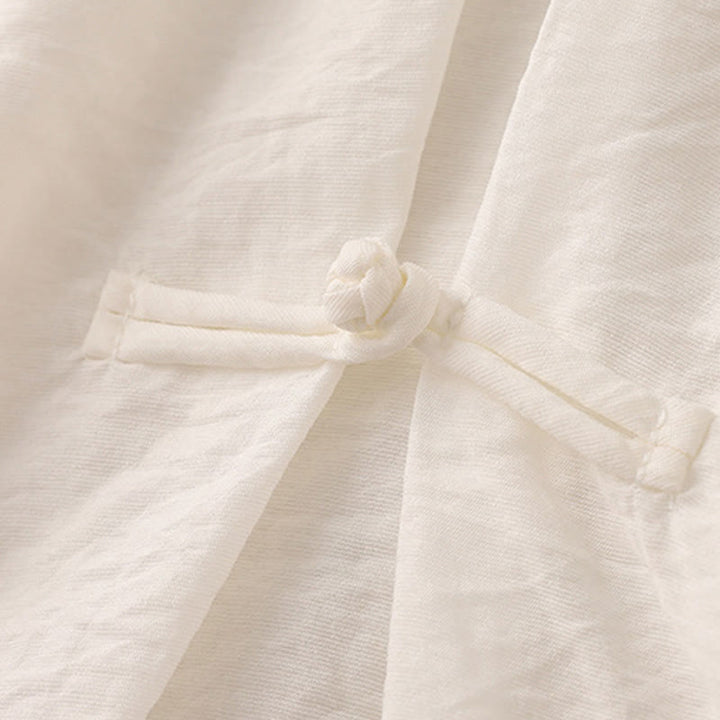 Buddha Stones Jednokolorowa damska koszulka z bufiastymi rękawami i guzikami w kształcie żaby - image 13