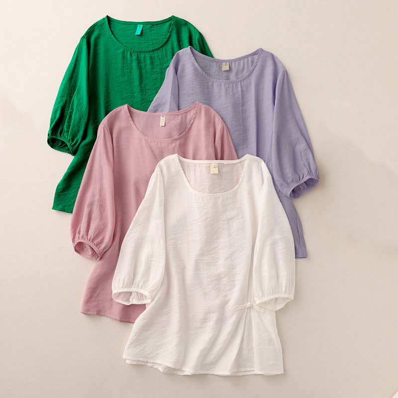 Buddha Stones Jednokolorowa damska koszulka z bufiastymi rękawami i guzikami w kształcie żaby - image 18