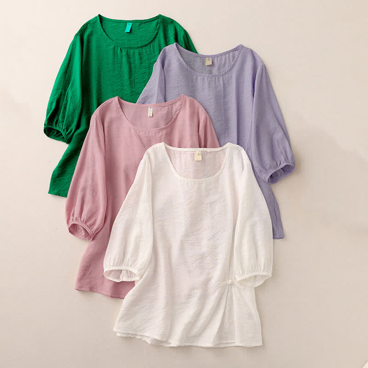 Buddha Stones Jednokolorowa damska koszulka z bufiastymi rękawami i guzikami w kształcie żaby - image 18