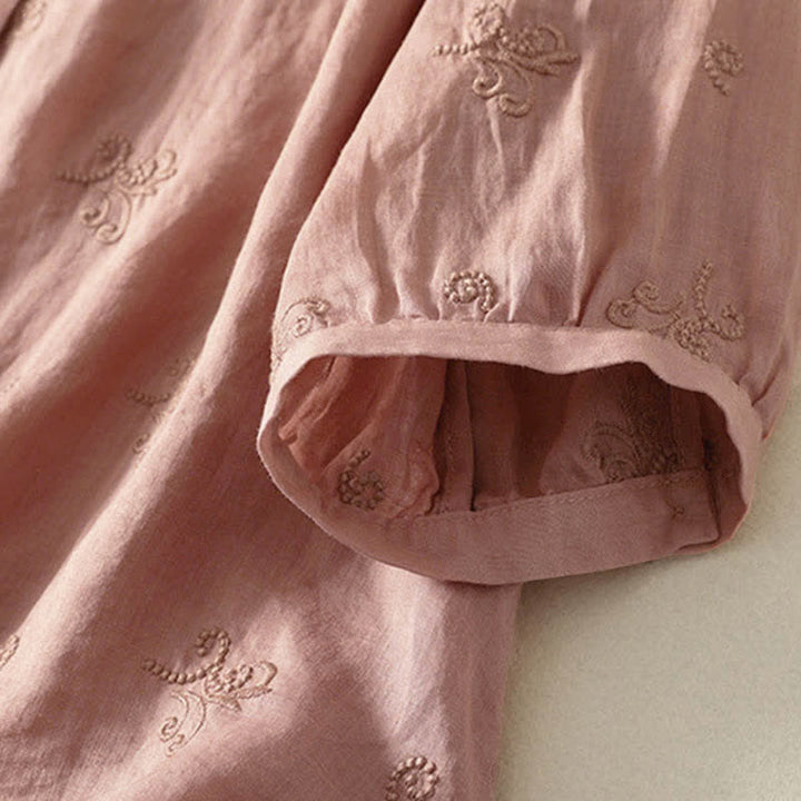 Buddha Stones Koszula damska z krótkim rękawem i guzikami w stylu retro z haftowanymi kwiatami - image 9