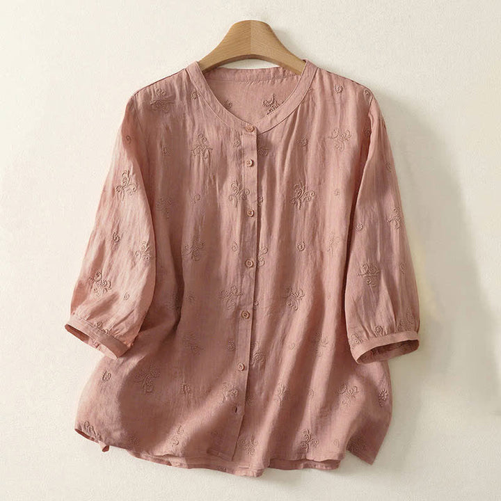 Buddha Stones Koszula damska z krótkim rękawem i guzikami w stylu retro z haftowanymi kwiatami - DarkSalmon - US8-10，UK/AU12-14，EU40-42 (2XL) - image 4