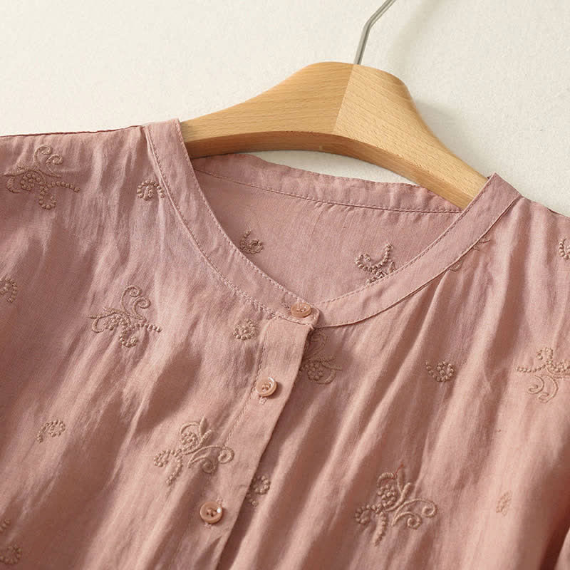 Buddha Stones Koszula damska z krótkim rękawem i guzikami w stylu retro z haftowanymi kwiatami - image 6