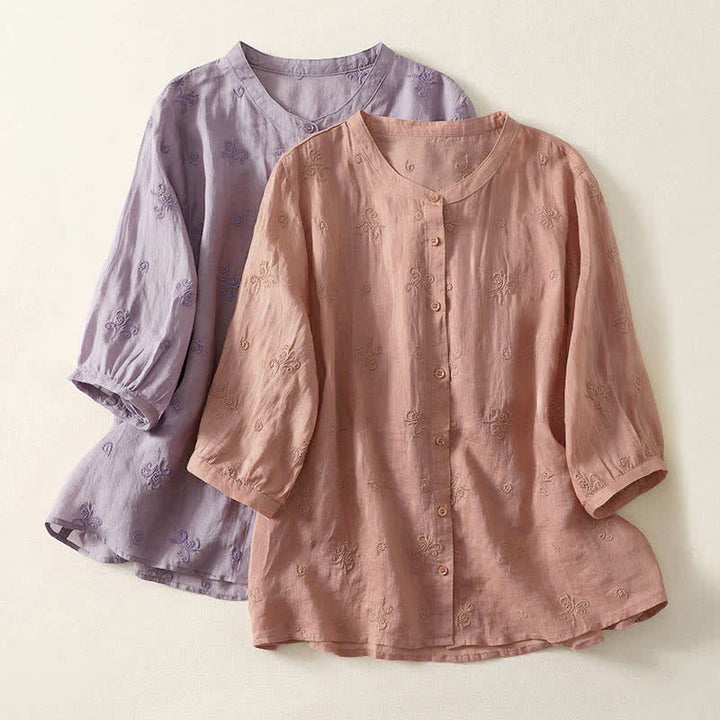 Buddha Stones Koszula damska z krótkim rękawem i guzikami w stylu retro z haftowanymi kwiatami - image 13