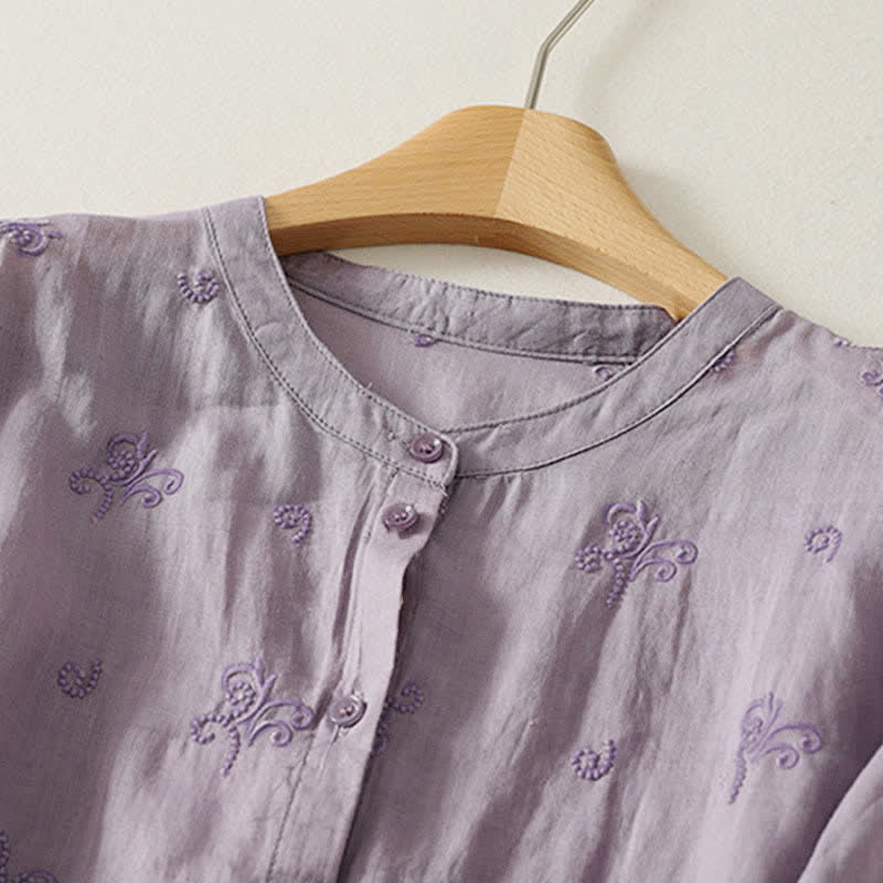 Buddha Stones Koszula damska z krótkim rękawem i guzikami w stylu retro z haftowanymi kwiatami - image 1