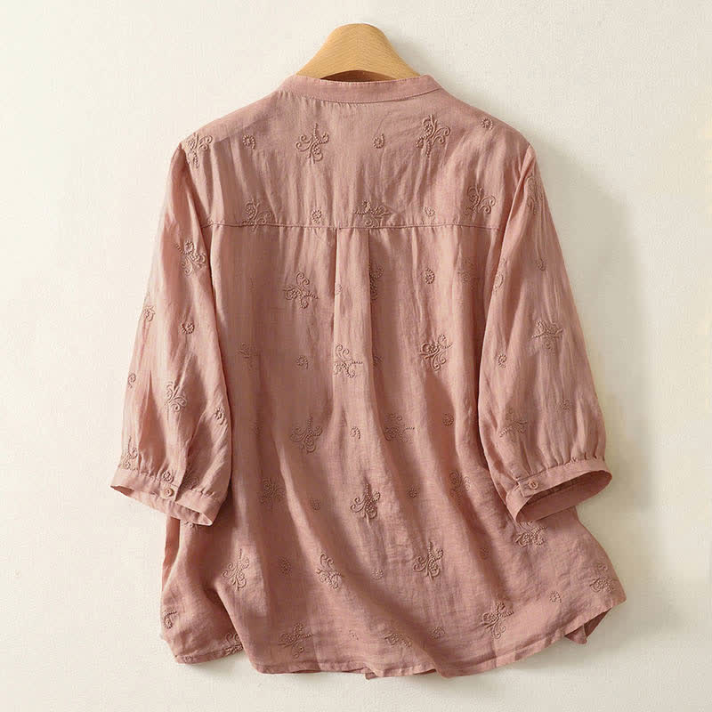 Buddha Stones Koszula damska z krótkim rękawem i guzikami w stylu retro z haftowanymi kwiatami - image 5