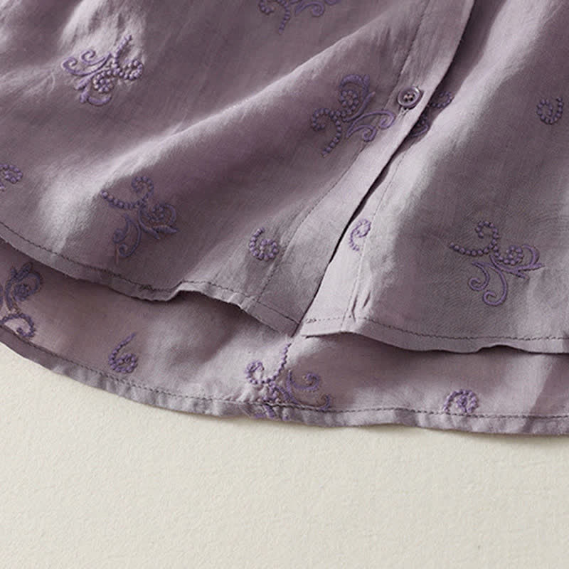 Buddha Stones Koszula damska z krótkim rękawem i guzikami w stylu retro z haftowanymi kwiatami - image 3