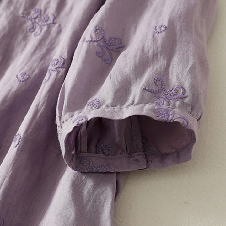 Buddha Stones Koszula damska z krótkim rękawem i guzikami w stylu retro z haftowanymi kwiatami - image 2