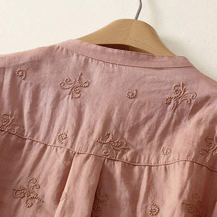 Buddha Stones Koszula damska z krótkim rękawem i guzikami w stylu retro z haftowanymi kwiatami - image 7