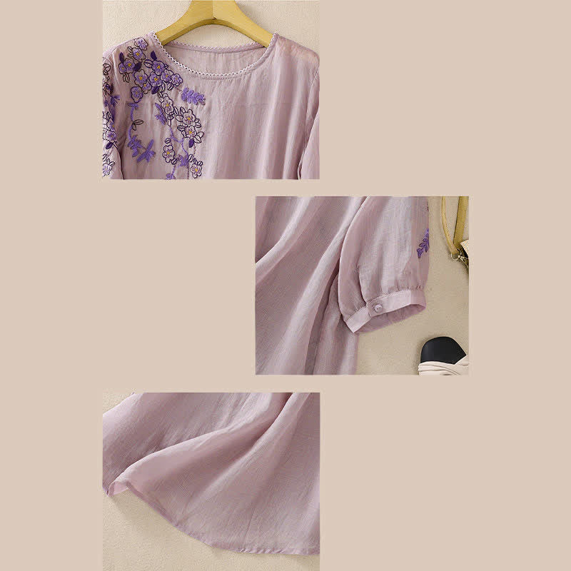 Buddha Stones Koszula damska z krótkim rękawem i okrągłym dekoltem, haftowana w kwiaty w stylu retro - image 29