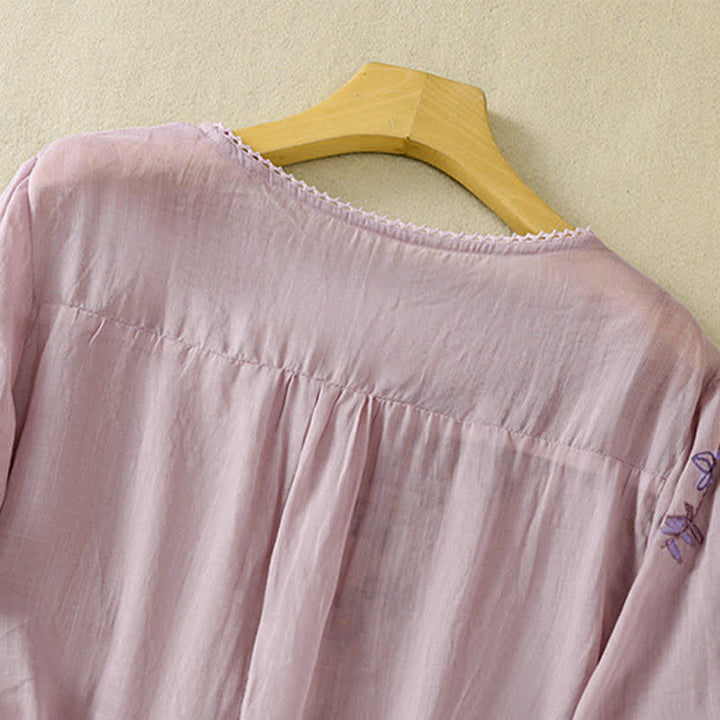 Buddha Stones Koszula damska z krótkim rękawem i okrągłym dekoltem, haftowana w kwiaty w stylu retro - image 25