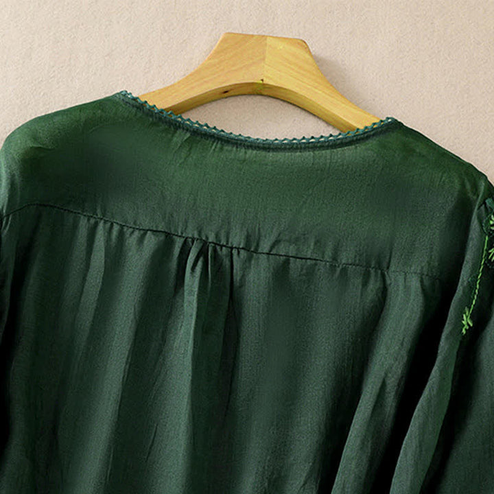 Buddha Stones Koszula damska z krótkim rękawem i okrągłym dekoltem, haftowana w kwiaty w stylu retro - image 2