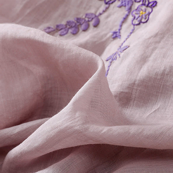 Buddha Stones Koszula damska z krótkim rękawem i okrągłym dekoltem, haftowana w kwiaty w stylu retro - image 26