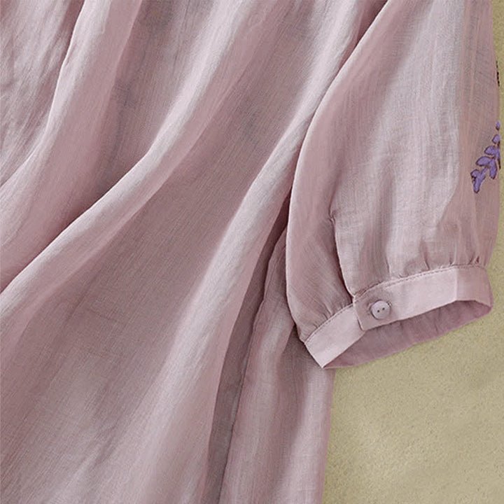 Buddha Stones Koszula damska z krótkim rękawem i okrągłym dekoltem, haftowana w kwiaty w stylu retro - image 28