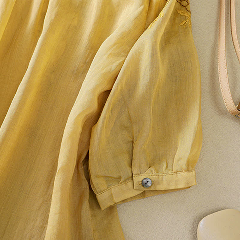 Buddha Stones Koszula damska z krótkim rękawem i okrągłym dekoltem, haftowana w kwiaty w stylu retro - image 21