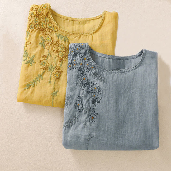 Buddha Stones Koszula damska z krótkim rękawem i okrągłym dekoltem, haftowana w kwiaty w stylu retro - image 33