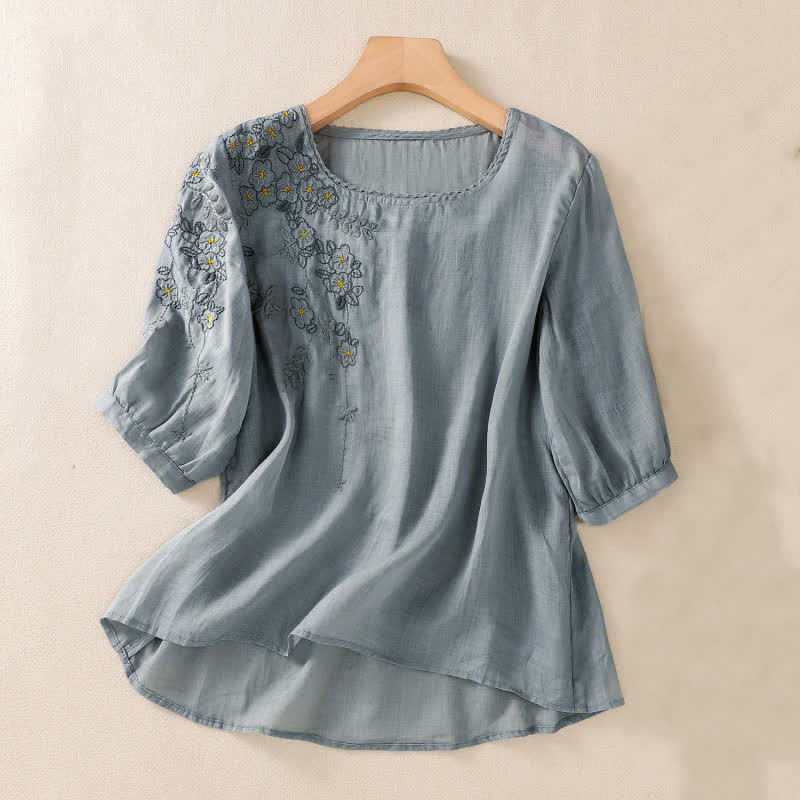 Buddha Stones Koszula damska z krótkim rękawem i okrągłym dekoltem, haftowana w kwiaty w stylu retro - LightSteelBlue - US8-10，UK/AU12-14，EU40-42 (2XL) - image 7