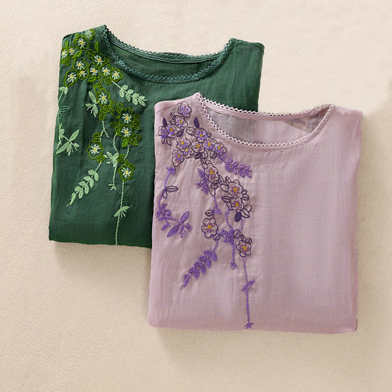 Buddha Stones Koszula damska z krótkim rękawem i okrągłym dekoltem, haftowana w kwiaty w stylu retro - image 31