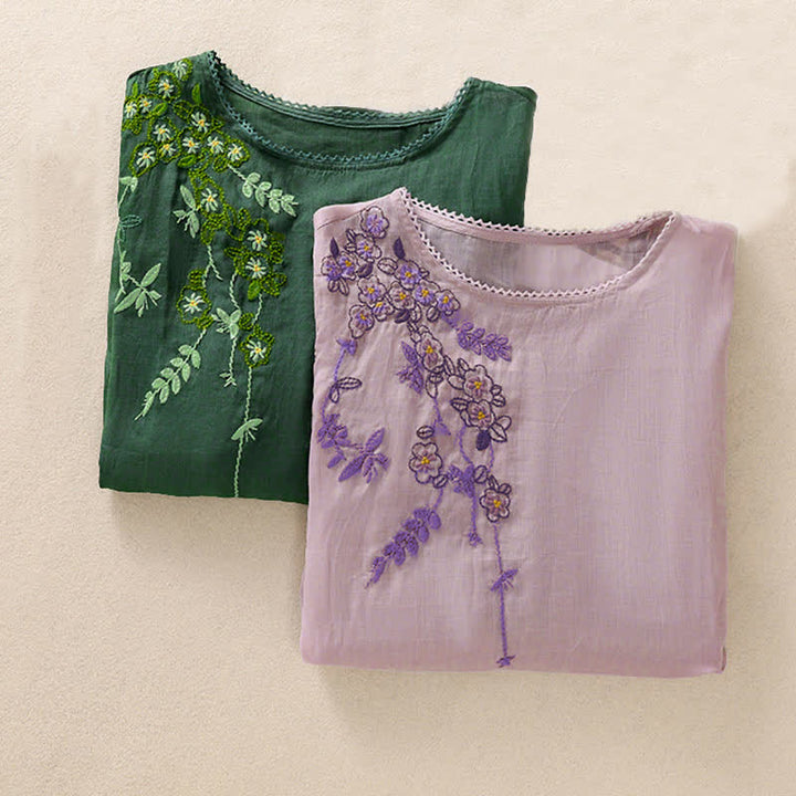 Buddha Stones Koszula damska z krótkim rękawem i okrągłym dekoltem, haftowana w kwiaty w stylu retro - image 31