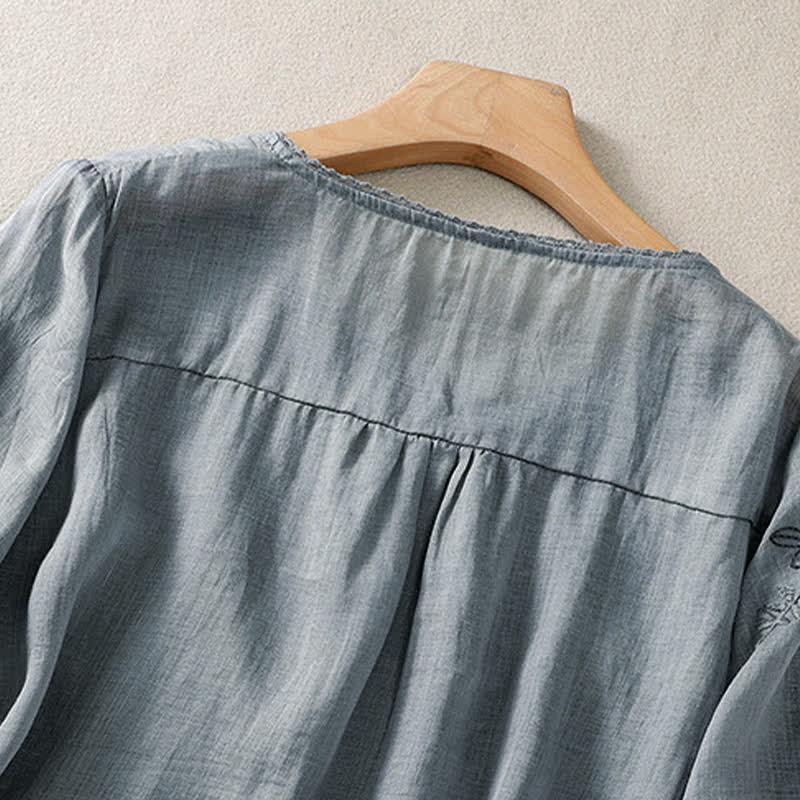 Buddha Stones Koszula damska z krótkim rękawem i okrągłym dekoltem, haftowana w kwiaty w stylu retro - image 9