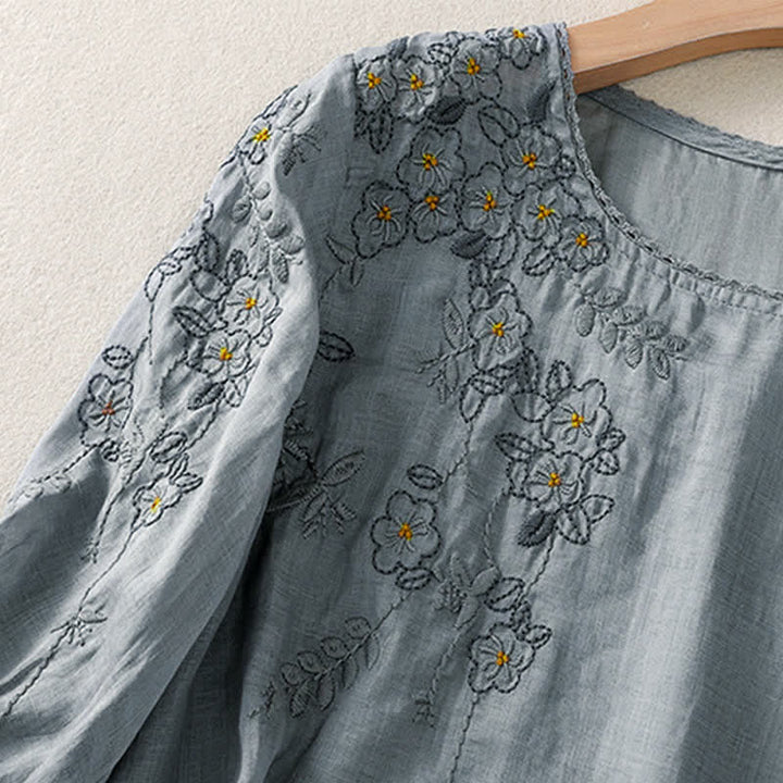 Buddha Stones Koszula damska z krótkim rękawem i okrągłym dekoltem, haftowana w kwiaty w stylu retro - image 10