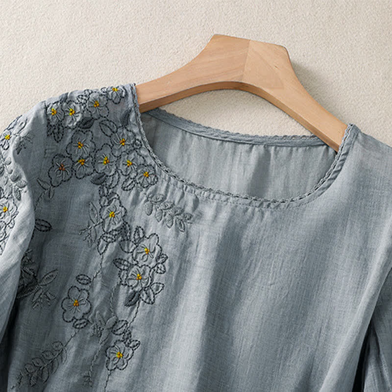 Buddha Stones Koszula damska z krótkim rękawem i okrągłym dekoltem, haftowana w kwiaty w stylu retro - image 8