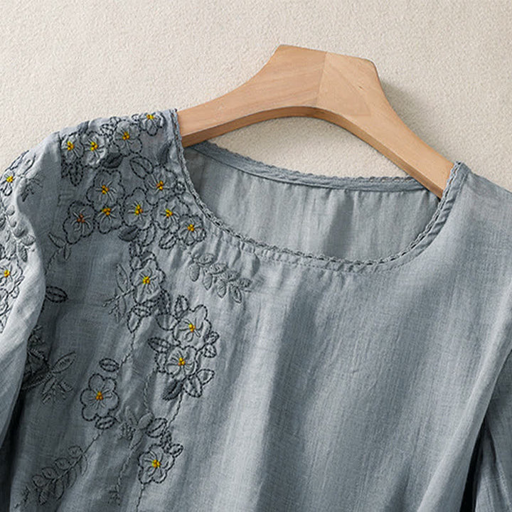 Buddha Stones Koszula damska z krótkim rękawem i okrągłym dekoltem, haftowana w kwiaty w stylu retro - image 8