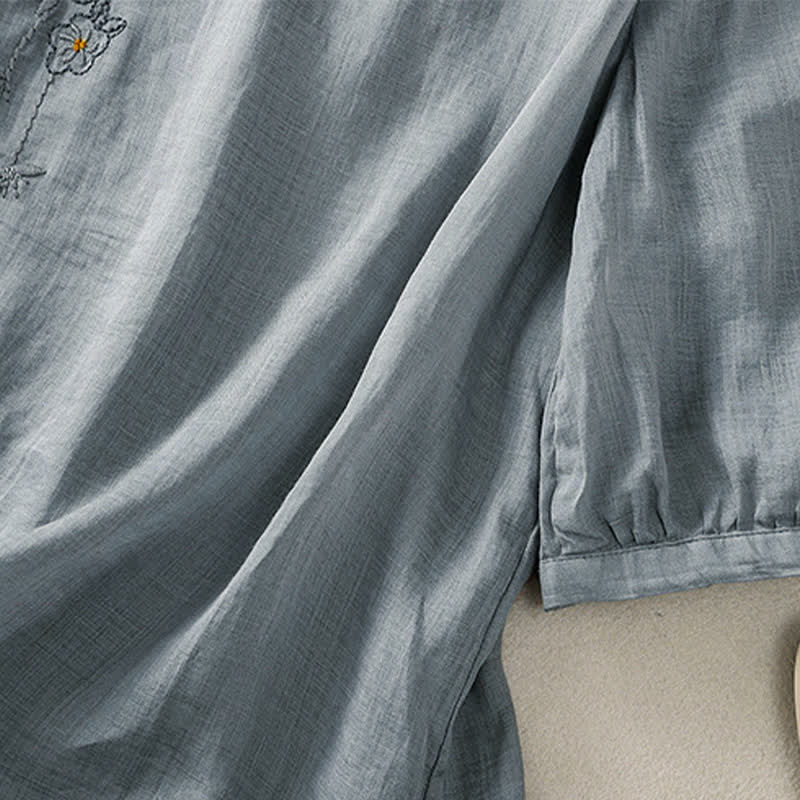 Buddha Stones Koszula damska z krótkim rękawem i okrągłym dekoltem, haftowana w kwiaty w stylu retro - image 11