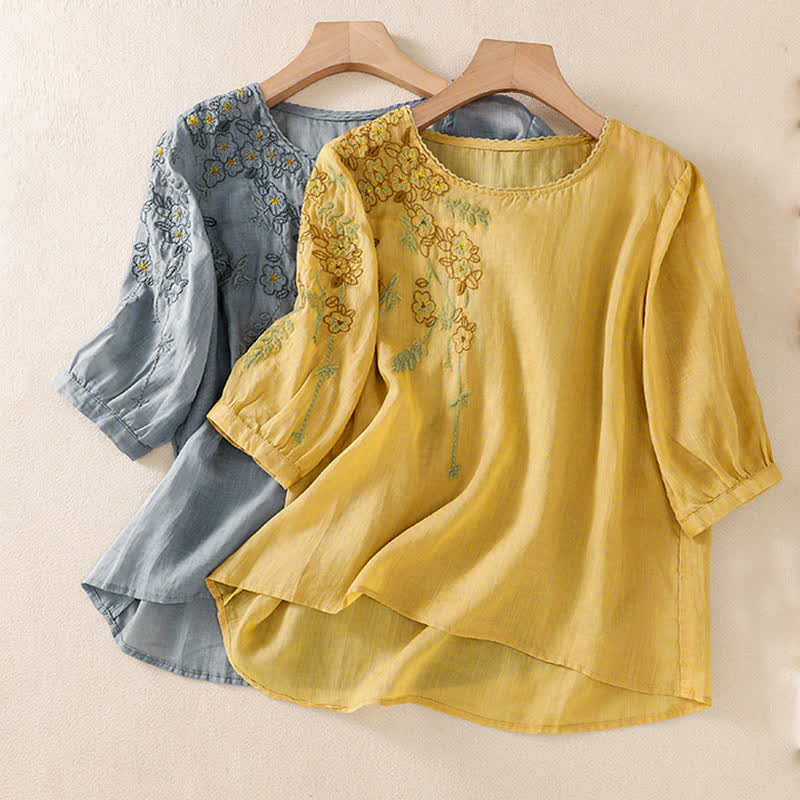 Buddha Stones Koszula damska z krótkim rękawem i okrągłym dekoltem, haftowana w kwiaty w stylu retro - image 32