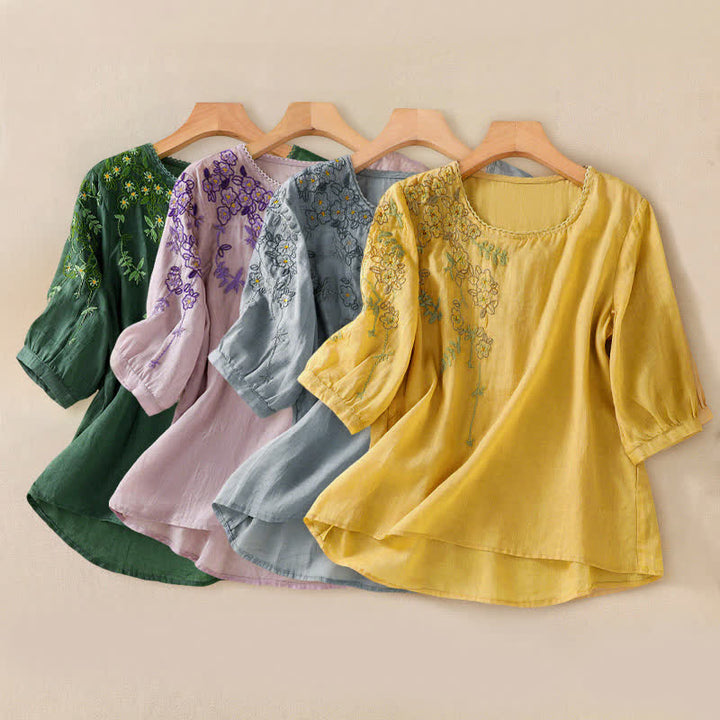 Buddha Stones Koszula damska z krótkim rękawem i okrągłym dekoltem, haftowana w kwiaty w stylu retro - image 34